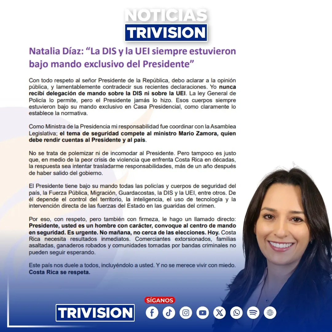 Natalia Díaz responde a Rodrigo Chaves por mando de DIS y UEI