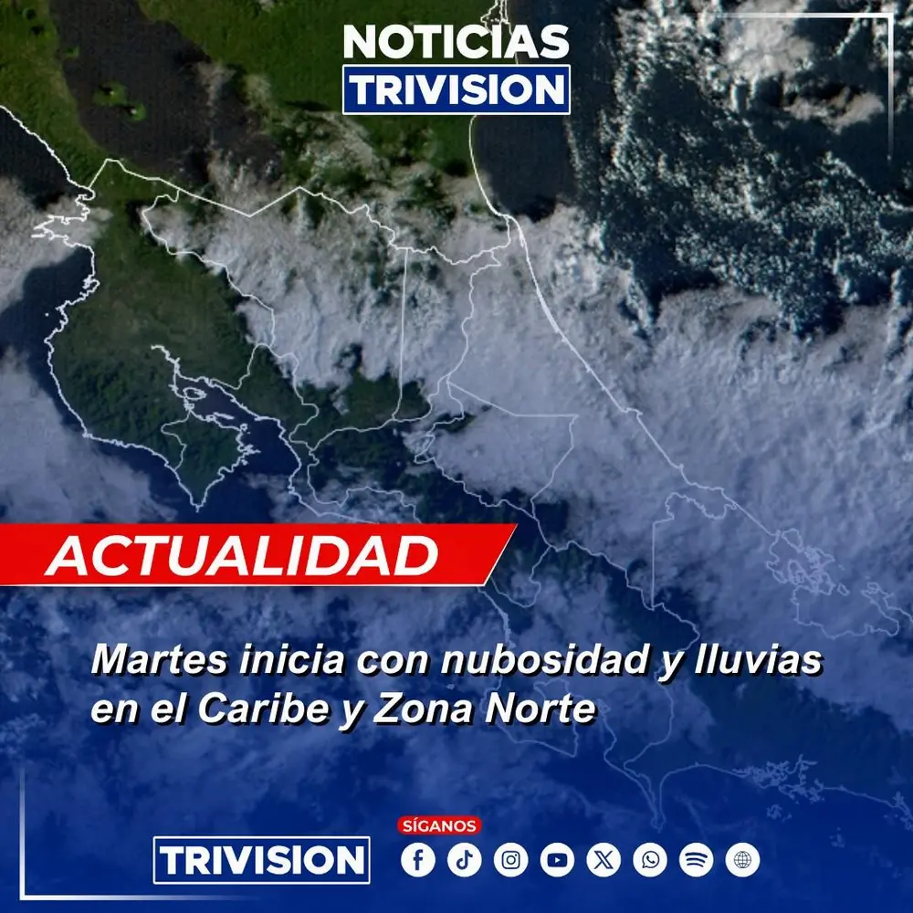 Lluvias dispersas y nubosidad en el Caribe y la Zona Norte de Costa Rica este martes